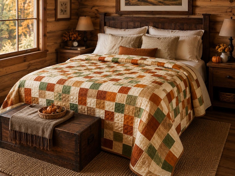 K&ouml;nnte beinhalten: Eine Bettdecke mit einem Patchwork-Muster aus abwechselnden Quadraten in Creme, gebranntem Orange und Salbeigr&uuml;n. Die Decke liegt auf einem Bett mit mehreren Kissen, darunter ein einfarbig orangefarbenes Lendenkissen, und ruht auf einer Holztruhe.