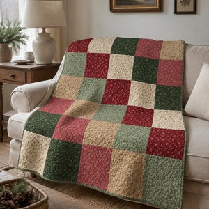 May include: A patchwork quilt featuring a repeating grid of square fabric panels in shades of deep red, forest green, and cream. Each square is decorated with a small-scale floral print pattern, and the entire quilt is finished with a green border.