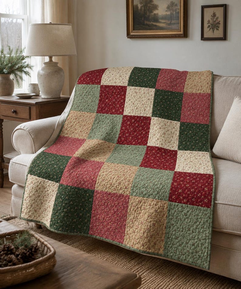 May include: A patchwork quilt featuring a repeating grid of square fabric panels in shades of deep red, forest green, and cream. Each square is decorated with a small-scale floral print pattern, and the entire quilt is finished with a green border.