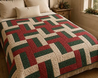 Yuletide Rails Christmas Quilt Pattern PDF, Beginner Rail Fence Throw, Cottage Strip Quilt Guide, Printable Quilt Tutorial, Farmhouse Quilt