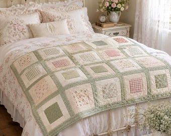 Modello PDF per trapunta con finestra in stile cottage, modello per trapunta cottagecore per principianti, guida facile per realizzare una trapunta patchwork incorniciata, trapunta floreale in stile rustico