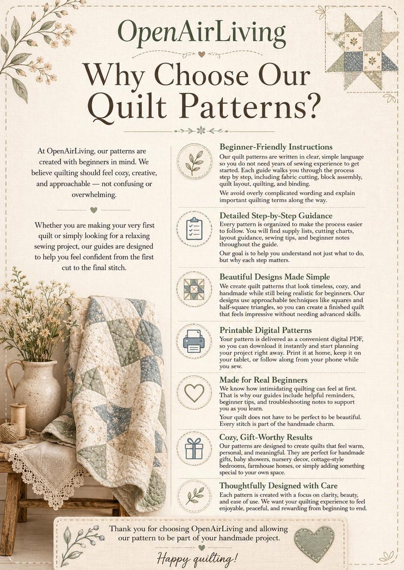 May include: An advertisement for OpenAirLiving quilt patterns. The image shows a quilt, a vase of flowers, and text detailing the patterns' benefits, such as beginner-friendly instructions and digital downloads. The text reads "Happy quilting!"