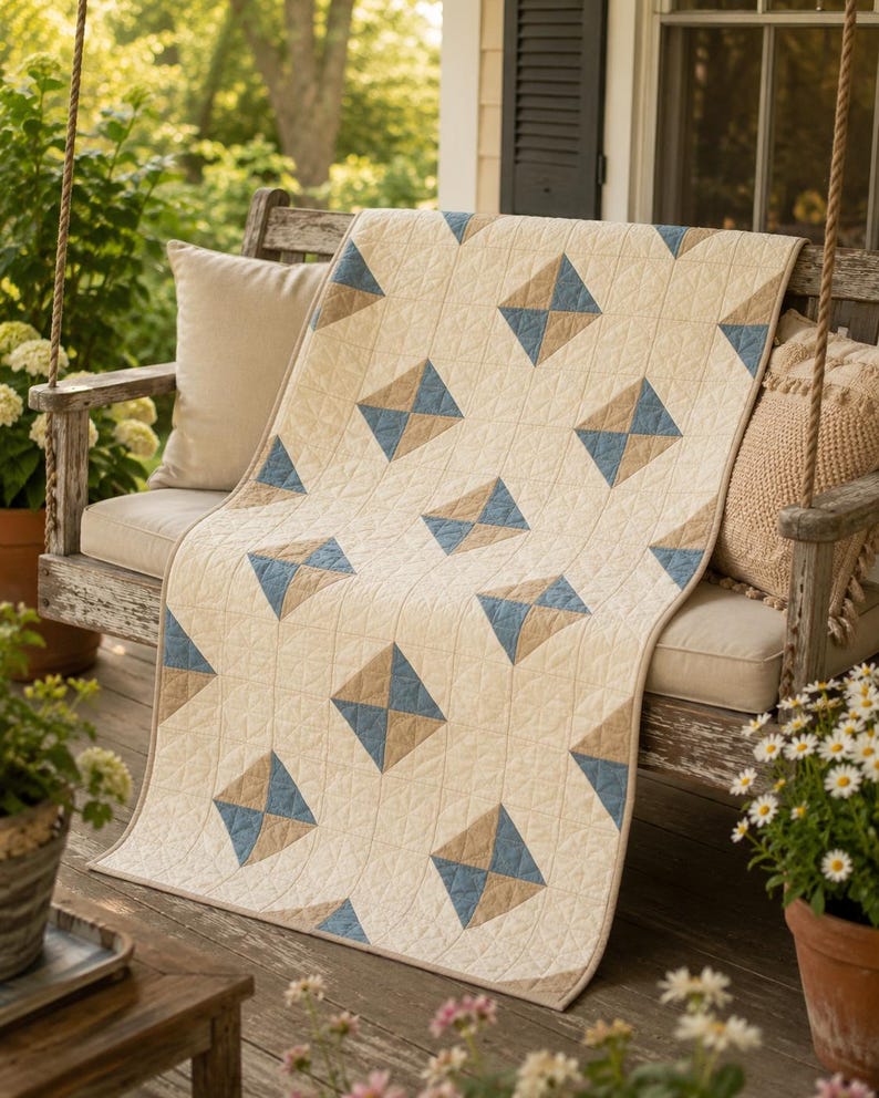 May include: A rectangular quilt featuring a cream-coloured background with a repeating geometric pattern of diamond shapes. Each diamond is divided into two triangles, one in muted blue and one in tan, with visible grid-like stitching throughout.