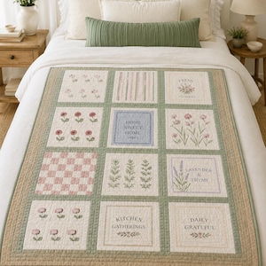May include: A rectangular quilt featuring a grid of twelve square panels with sage green borders. The panels display floral illustrations, pink and white checkered patterns, vertical stripes, and text including Home Sweet Home, Fresh Flowers, Lavender & Thyme, Kitchen Gatherings, and Daily Grateful.