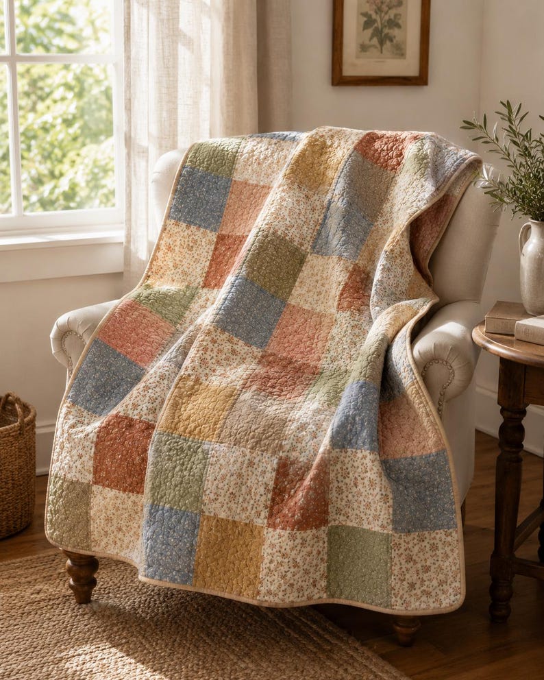 May include: A patchwork quilt in shades of blue, green, and beige, draped over a cream armchair. The quilt is made up of various squares with floral and solid patterns. The chair is placed on a woven rug. The quilt's border is beige.