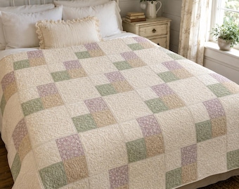 Modello PDF per trapunta a piastrelle vintage, modello per trapunta cottagecore per principianti, guida facile per trapunte a quattro quadrati, tutorial per coperta patchwork in stile rustico