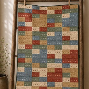 May include: A rectangular quilt featuring a patchwork design of rectangular blocks in muted shades of red, blue, green, and cream. Each block is decorated with a small, repeating diamond pattern. The quilt is finished with a dark green border.