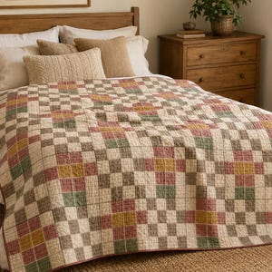 Puede incluir: Una colcha de patchwork con un patrón de cuadrícula repetitivo en tonos apagados de verde salvia, rosa empolvado, amarillo mostaza y crema. La colcha está construida con pequeños bloques de tela cuadrados dispuestos en un diseño geométrico con costuras visibles.