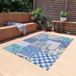 Blue Patchwork Floral Outdoor Rug | Gingham & Magnolia Patio Mat