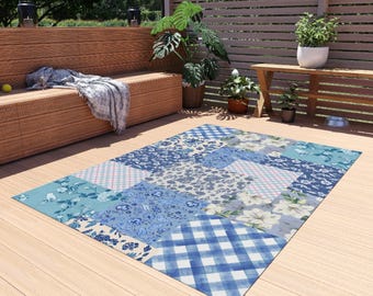 Blue Patchwork Floral Outdoor Rug | Gingham & Magnolia Patio Mat