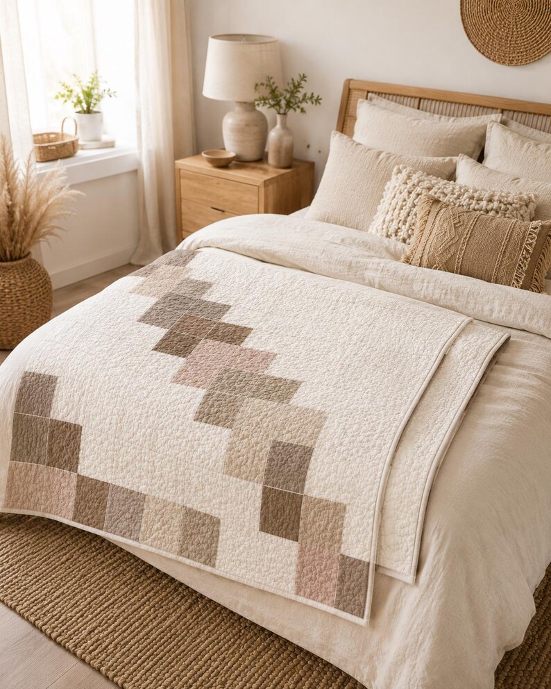 Puede incluir: Una colcha rectangular con una base de color crema y un patr&oacute;n geom&eacute;trico diagonal compuesto por cuadrados cosidos en varios tonos de beige, bronceado, topo y marr&oacute;n suave. La colcha tiene una superficie texturizada y acolchada sobre una cama.