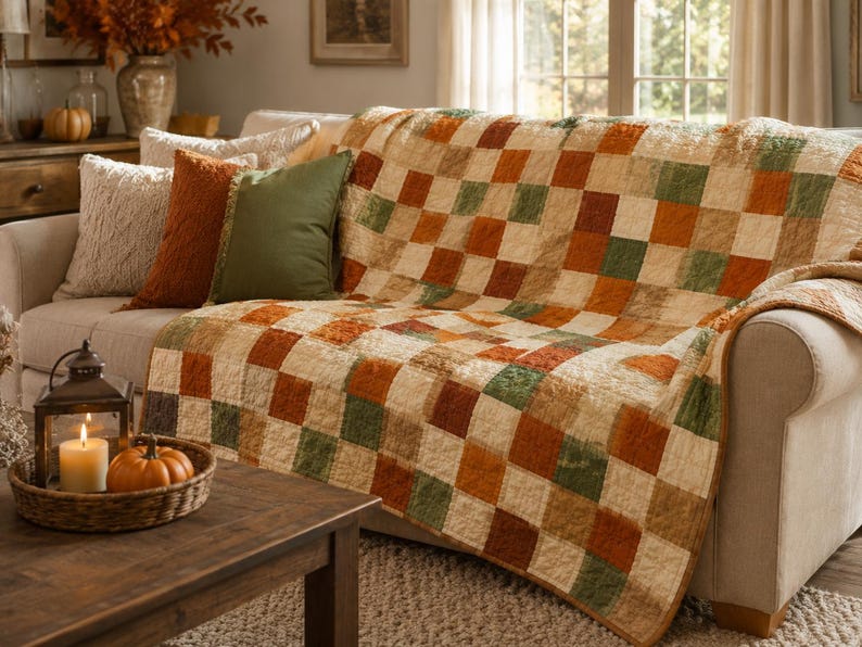 K&ouml;nnte beinhalten: Eine gesteppte Tagesdecke mit einem Karomuster aus abwechselnden Quadraten in Creme, gebranntem Orange und Olivgr&uuml;n. Der Stoff hat eine dezent strukturierte Oberfl&auml;che und die Decke liegt &uuml;ber der R&uuml;ckenlehne und Sitzfl&auml;che eines neutralen Sofas.