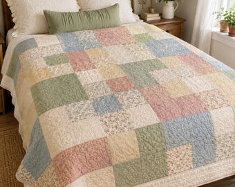 Modello PDF per trapunta Meadow Four-Patch, modello per trapunta Cottagecore per principianti, guida facile per realizzare una trapunta patchwork, tutorial per trapunta floreale in stile rustico.