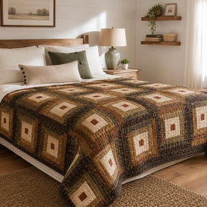 May include: A quilt featuring a repeating square-in-square geometric pattern in shades of brown, tan, olive green, and cream. The textile displays a textured, stitched surface with a central dark brown square surrounded by concentric borders.
