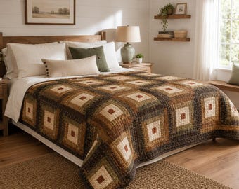 Modello PDF per trapunta Log Cabin, modello per trapunta per principianti, guida facile per trapunte patchwork rustiche, tutorial stampabile per trapunte da fattoria