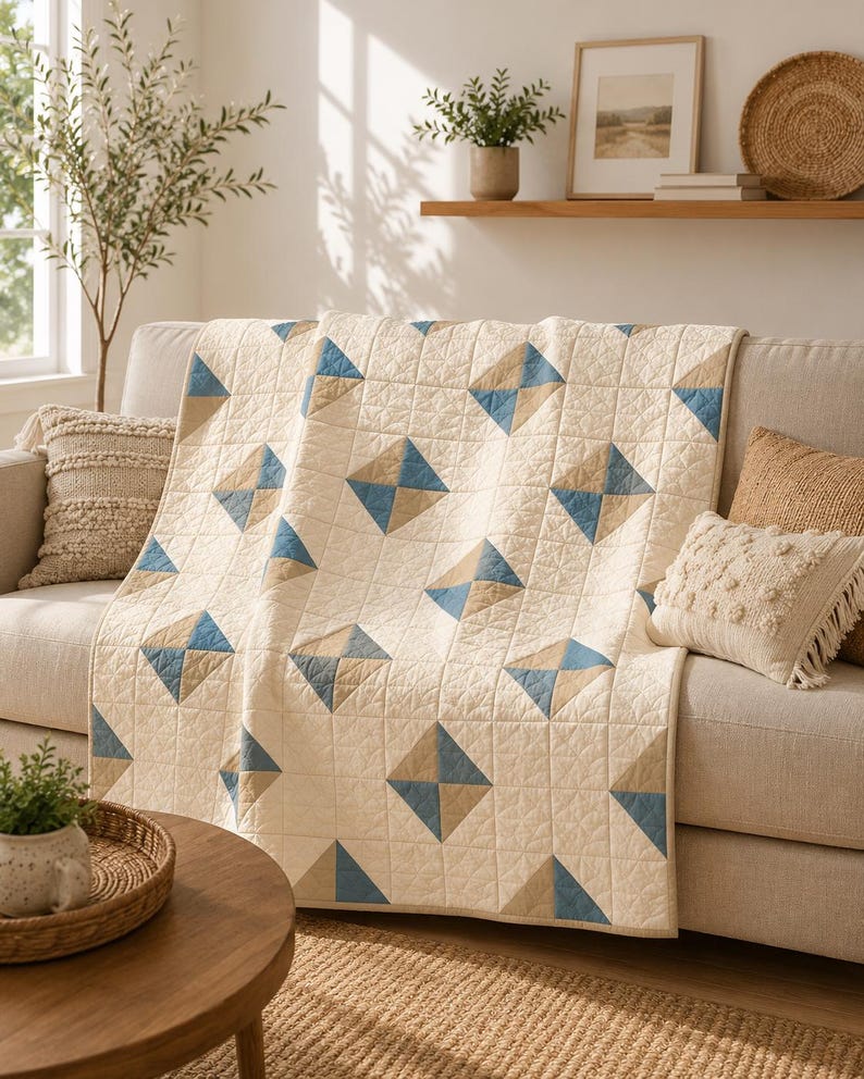 May include: A cream-coloured quilt featuring a repeating geometric pattern of blue and tan squares. The fabric has a visible quilted texture with intricate stitching throughout, creating a soft, layered appearance across the entire surface of the textile.