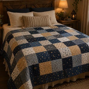 Puede incluir: Una colcha de patchwork con una cuadr&iacute;cula de cuadrados en azul marino, azul claro y beige. Los cuadrados de tela est&aacute;n decorados con motivos celestiales que incluyen estrellas y lunas crecientes, junto a patrones florales, con textura acolchada.