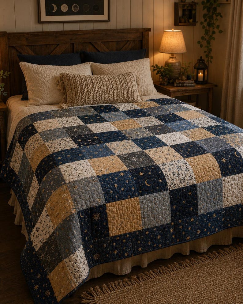 Puede incluir: Una colcha de patchwork con una cuadr&iacute;cula de cuadrados en azul marino, azul claro y beige. Los cuadrados de tela est&aacute;n decorados con motivos celestiales que incluyen estrellas y lunas crecientes, junto a patrones florales, con textura acolchada.