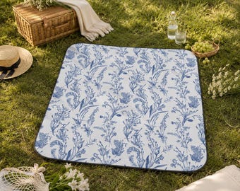 Manta de picnic/manta de exterior con estampado floral Toile azul y diseño de pradera.