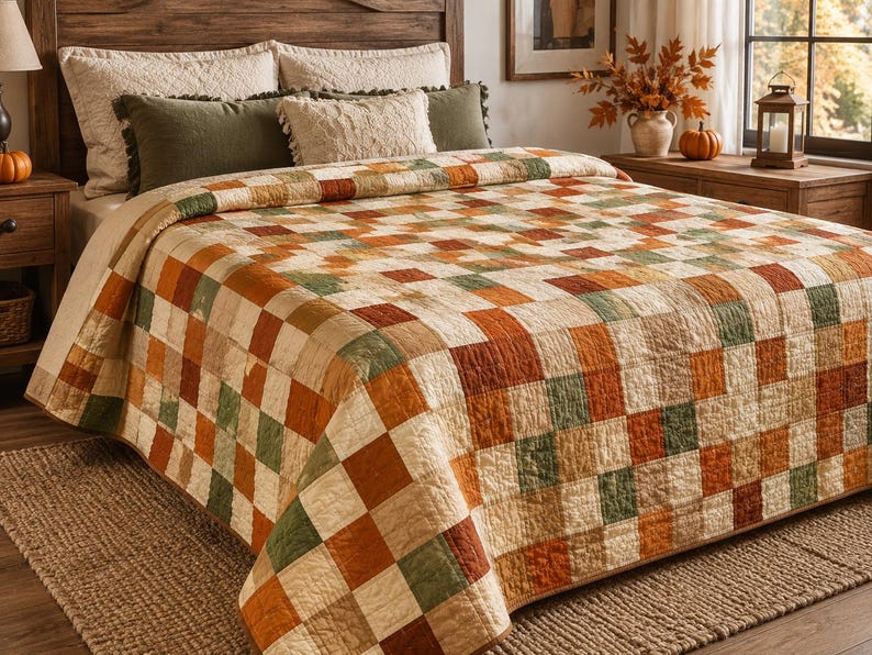 K&ouml;nnte beinhalten: Eine Bettdecke mit einem sich wiederholenden Patchwork-Muster aus quadratischen Stoffbl&ouml;cken in den Farben gebranntes Orange, Olivgr&uuml;n und Creme. Die Decke liegt auf einem Bett und zeigt ein durchgehendes Rasterdesign mit sichtbaren N&auml;hten.