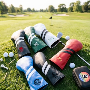 Puede incluir: Una colección de fundas personalizadas para palos de golf en varios colores, incluyendo negro, blanco, rojo, verde y azul. Cada funda presenta un monograma o diseño único, con rayas blancas. Pelotas y tees de golf sobre la hierba verde.