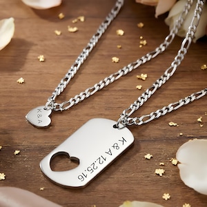 Hearts Necklace, Personalized Couple Necklace Set, Custom Initials & Date Heart Cutout, Anniversary Gift for Boyfriend/girlfriend.