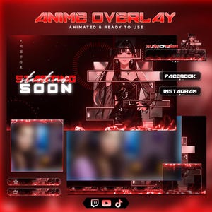 Può includere: Design di overlay anime con una combinazione di colori rosso e nero. Il design include il testo "ANIME OVERLAY" e "ANIMATED & READY TO USE". Presenta anche il testo "STARTING SOON", icone di social media e un'illustrazione di un personaggio anime.