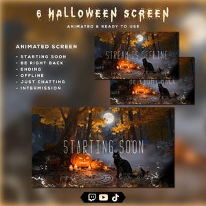 Op de afbeelding: Een digitale set van 6 Halloween-schermen met geanimeerde bosscènes met pompoenen, een zwarte kat en een volle maan. Tekstoverlays bevatten 6 HALLOWEEN SCREEN, ANIMATED & READY TO USE, STARTING SOON, BE RIGHT BACK, ENDING, OFFLINE, JUST CHATTING en INTERMISSION.