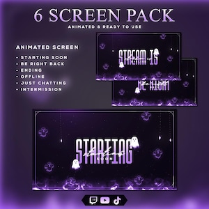 May include: A digital 6 screen pack featuring a dark purple theme with white ghost illustrations and glowing smoke effects. The text includes 6 SCREEN PACK, ANIMATED & READY TO USE, ANIMATED SCREEN, STARTING SOON, BE RIGHT BACK, ENDING, OFFLINE, JUST CHATTING, INTERMISSION.