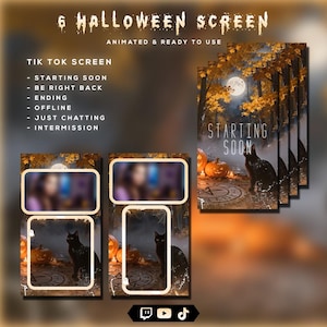 Op de afbeelding: Een set van 6 digitale Halloween-schermen voor TikTok, met een zwarte kat, pompoenen en een volle maan in een bos. De tekst bevat 6 HALLOWEEN SCREEN, ANIMATED & READY TO USE, TIK TOK SCREEN, STARTING SOON, BE RIGHT BACK, ENDING, OFFLINE, JUST CHATTING, INTERMISSION.