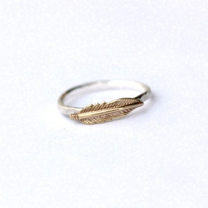 Sterling silver stacking ring, feather stacking ring hammered, textured ring, silver and brass feather ring image 2