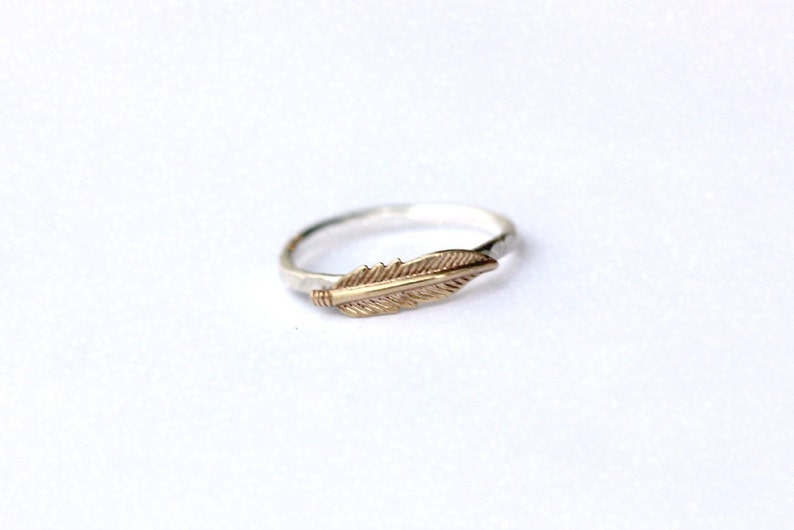 Sterling silver stacking ring, feather stacking ring hammered, textured ring, silver and brass feather ring image 2
