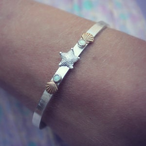 Mermaid Opal bracelet, shell bracelet, starfish cuff, sterling silver bangle bracelet, opal bracelet cuff, cuff bracelet silver