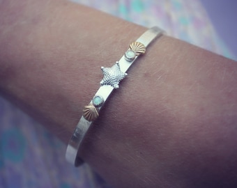 Pulsera de ópalo sirena, pulsera de concha, brazalete de estrella de mar, brazalete de plata de ley, brazalete de ópalo, brazalete de plata