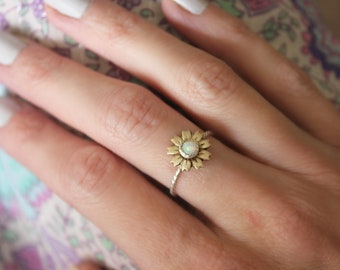 Opal ring ∙ Flower ring ∙ Sunflower ring ∙ Sterling silver ring ∙ Stacking ring ∙ Midi ring ∙ Stackable ring