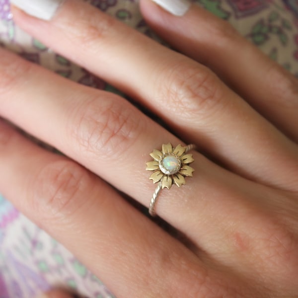 Opal ring ∙ Flower ring ∙ Sunflower ring ∙ Sterling silver ring ∙ Stacking ring ∙ Midi ring ∙ Stackable ring