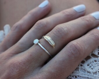 Opal ring, feather ring, Sterling silver ring, stacking ring, midi ring, stackable ring