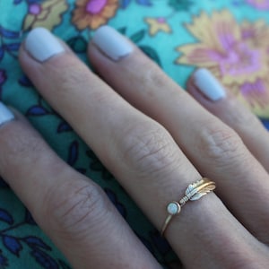 Gold opal feather stacking ring -skinny gold feather ring, gold opal ring, 14k gold filled ring