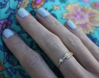 Gold opal feather stacking ring -skinny gold feather ring, gold opal ring, 14k gold filled ring