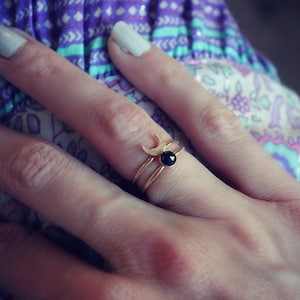 Crescent moon ring, Onyx ring - moon ring set, black gemstone ring, Gold onyx stacking rings - 14k gold filled rings