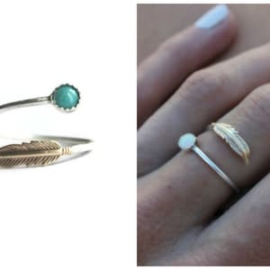 Feather ring, bohemian jewelry, choose your gemstone, turquoise ring, moonstone ring, opal ring, Sterling silver ring, stacking ring
