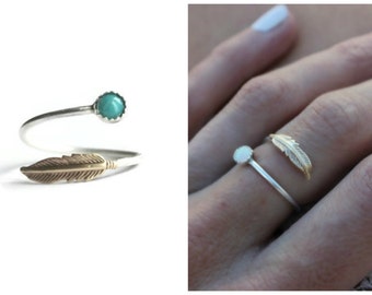 Feather ring, bohemian jewelry, choose your gemstone, turquoise ring, moonstone ring, opal ring, Sterling silver ring, stacking ring