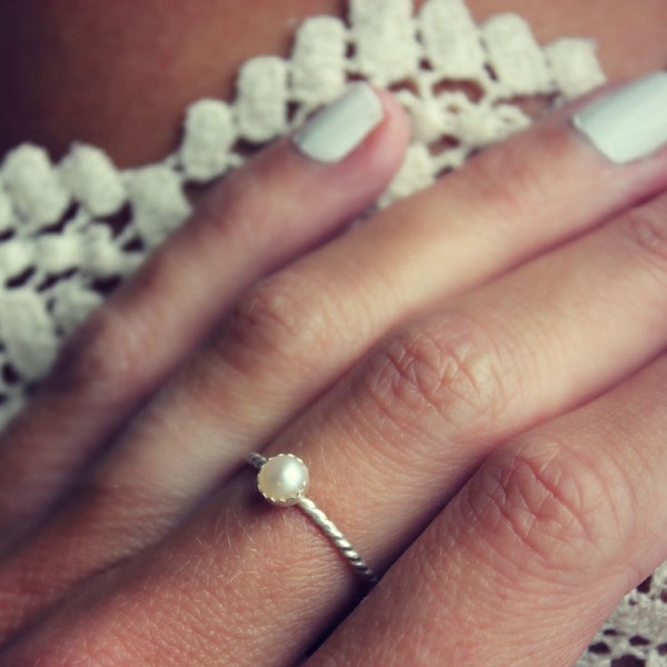 Pearl ring, Sterling silver ring, stacking ring, rope ring, midi ring, stackable ring