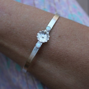 Opal bracelet, silver flower bracelet, sterling silver bangle bracelet, opal bracelet cuff, cuff bracelet silver, boho silver cuff, for her