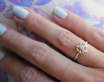 Opal ring, flower ring, floral ring, Sterling silver ring, stacking ring, midi ring, stackable ring