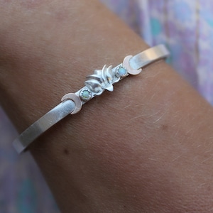 Lotus flower, moon and opal bracelet, lotus bangle, sterling silver moon bangle bracelet, opal bracelet cuff, cuff bracelet silver