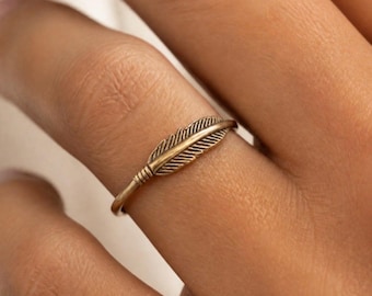 Gold stacking ring, Feather ring, 14k gold filled stacking ring, rustic hammered band