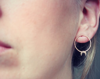 Gold crescent moon hoop earrings, 14k Gold filled hoop earrings, moon earrings