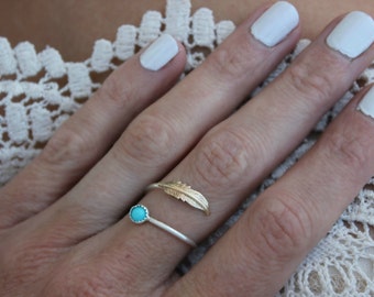 Turquoise ring, feather ring, Sterling silver ring, stacking ring, midi ring, stackable ring