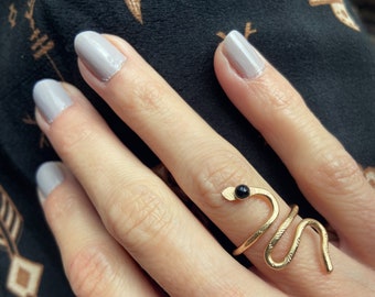 Gold snake ring, gold-filled snake ring with Onyx stone, stacking ring, midi ring, stackable ring